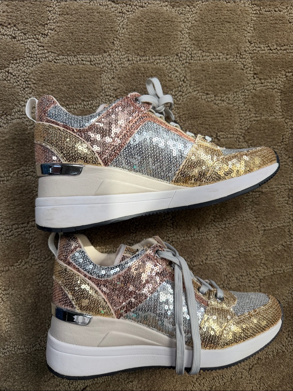 Michael Kors Metallic Sequin Wedge Sneakers in Rose Gold, Silver & Gold